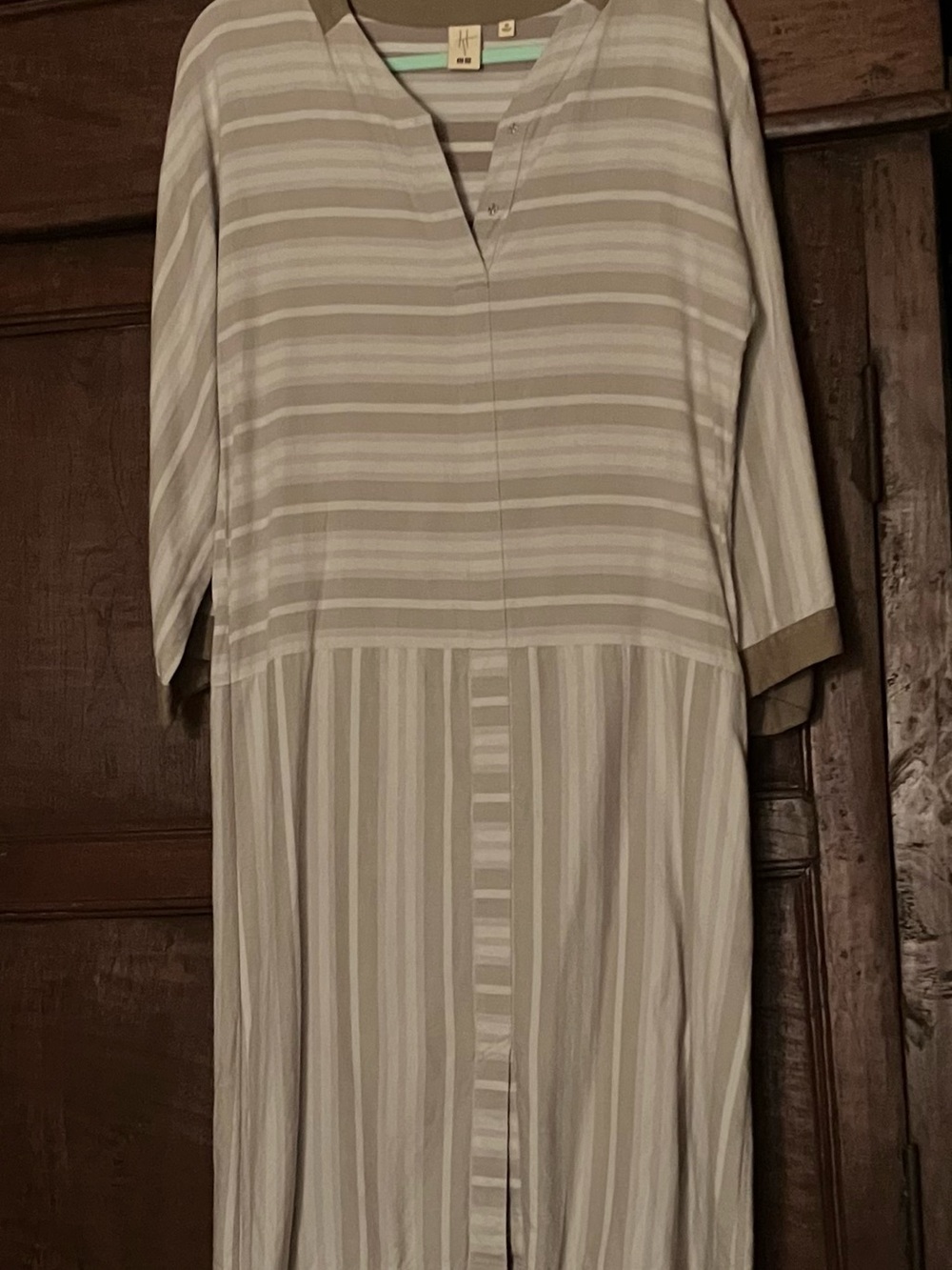 HTC Taupe & Cream Striped Maxi Dress with Button Placket